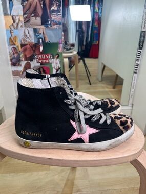 Golden Goose Black High-Top Sneakers with Pink Star & Leopard Toe Cap